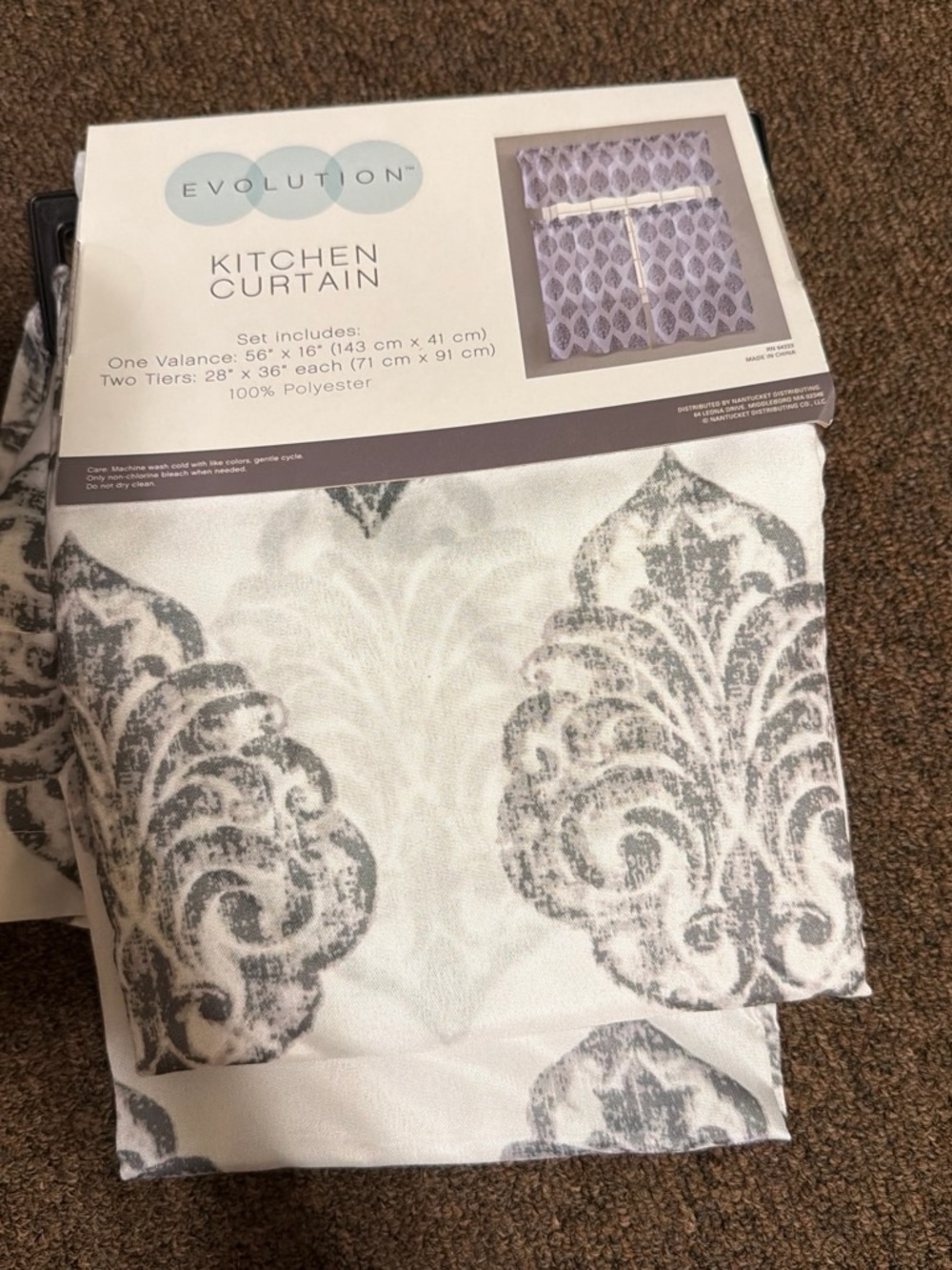 Revolution Gray and White Damask Kitchen Curtain Set